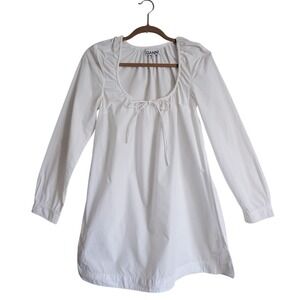 GANNI Romantic White Poplin Cotton Adjustable Square Neckline Tie Mini Dress